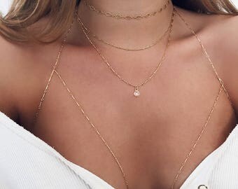 Double Necklace, Crystal Necklace, 14 KT Gold Fill, Delicate Necklace, Prom, Dainty Necklace, Layered Necklace, Bar Chain
