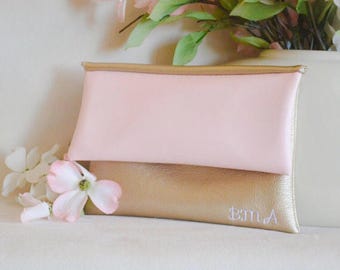 Rose monogrammed clutch - personalized leather purse - bridesmaid clutch - handbag - color block fold over clutch - gold bridal purse