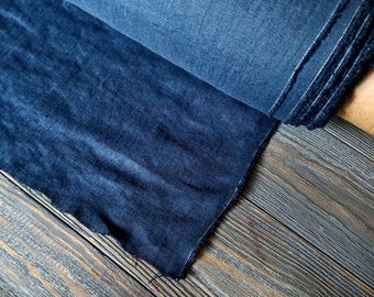 Dark blue linen fabric by the meter, washed natural linen cobalt blue fabric, prewashed stonewashed blue linen fabric by the yard 7oz