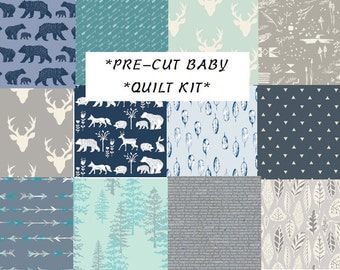 Baby Boy Quilt Kit, Modern Rustic Woodland Nursery Quilting Cotton, Pre-Cut Quilting Squares, Bear, Teepees, Antlers, Elk, Navy Blue, Gray