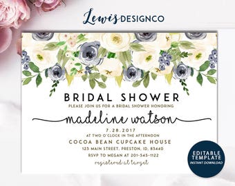 Bridal Shower Invitation, Watercolor Floral Wedding Card, White Navy Floral Shower, Editable Template Printable Card, Instant Download DIY