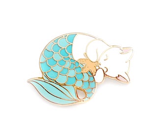 Blue purrmaid enamel pin (mermaid cat hard enamel pin lapel pin badge jewelry cute mermaid jewelry white cat pin cloisonne backpack pins)
