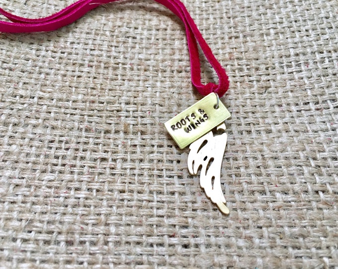 Wing Necklace, Stamped Necklace, Roots and Wings, Suede Necklace, Angel Wing Necklace, Gold Wing Necklace, Hand Stamped Jewelry