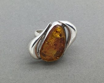 Vintage Sterling Silver Honey Amber Statement Ring, Boho Amber Ring, Silver Modernist Amber Ring