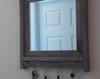 barnwood framed mirror, , key holder, barnwood frame, reclaimed wood mirror, beveled mirror, mirrored key holder, key hook
