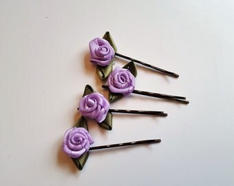 Rose bud satin ribbon flower bobby pin hair clips