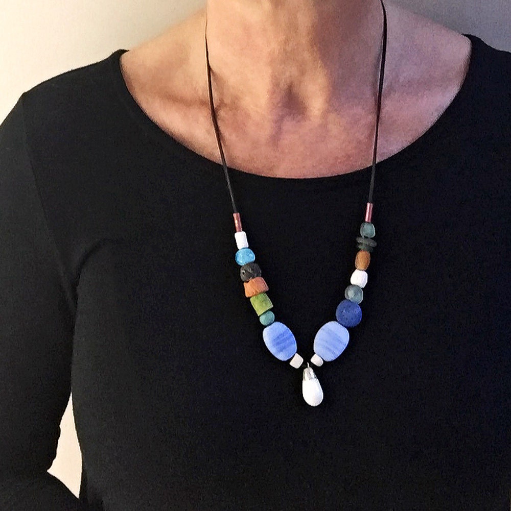 Colourful ceramic pendant necklace w/ porcelain/ terracotta/
