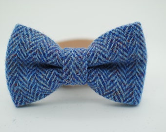 Harris Tweed Dog Bow Tie - Blue Herringbone. Luxury, dapper, handmade, bowtie, bow, colllar bow