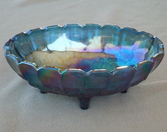 Carnival Glass; Vintage Glass Serving Dish; Blue Carnival Glass Fruit Bowl