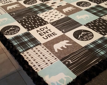 Bright Blue Patchwork Woodland "Adventure" Minky Blanket