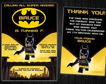 Batman Lego Invitation & Thank You card, Batman lego printable, batman lego party supplies, batman lego invitation
