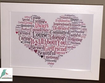 Heart Valentines Day word art gift keepsake unique print / print & frame - any colours, any words - Husband Wife Boyfriend Girlfriend etc