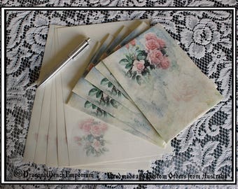 Handmade writing paper and envelopes. Hand made in Australia. Rose envelopes and aged look paper. Letter writing set envelopes and paper.