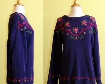80s Cambridge Dry Goods Company Purple Floral Sweater, medium