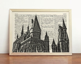 Hogwarts Castle Harry Potter Poster Black White Print Magic Horizontal Wall Hanging Minimalist Upcycled Decor Book Dictionary Gift Birthday