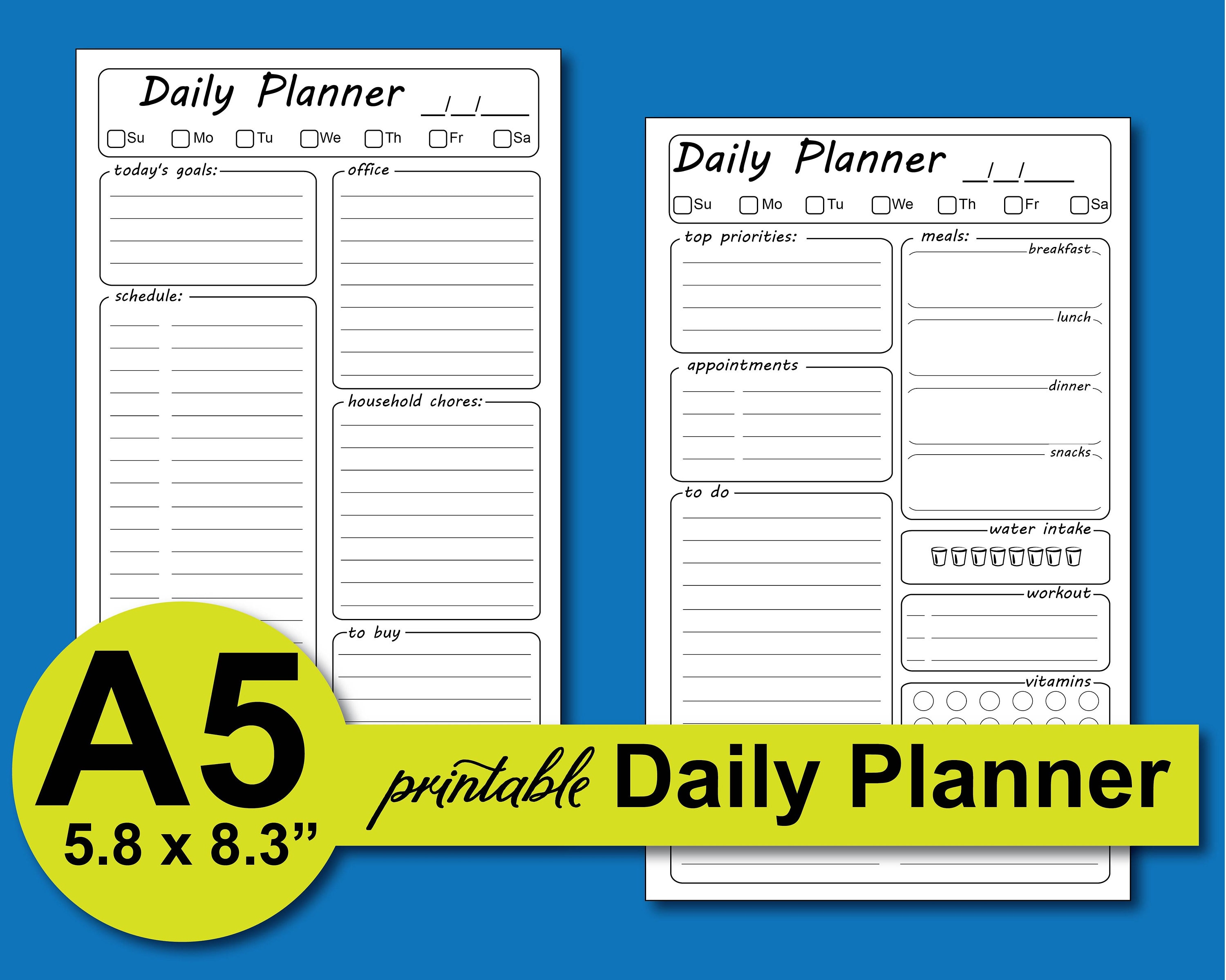 A5 daily planner A5 planner inserts A5 planner pages