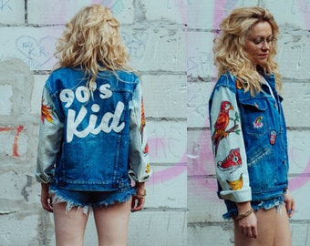 90S KID! Painted denim jacket oversized patched UNICORN parrot embellished patches 90's vintage rock custom jacket women universal size