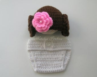 Crochet Princess Leia Hat and Diaper Cover/Star Wars Outfit/Crochet Princess Leia set/Starwars Baby Girl/Star Wars/Halloween Costume