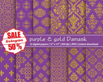purple scrapbook paper "Purple & Gold Damask" digital 12x12 royal Printable pattern european texture gold background download