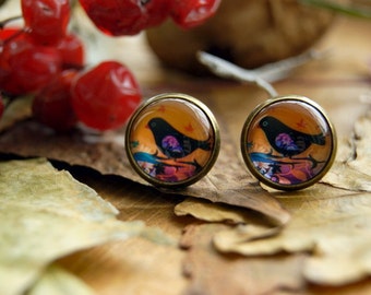 Orange Birds Round studs earrings Friend earrings Bird lover gift for Her Bird earrings Friend gift Earrings gift Round earrings Bird gift