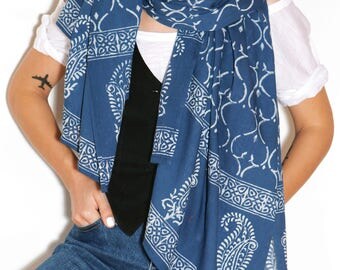 Cotton scarf, blue scarf, cotton scarf for women, summer scarf, light scarf, scarf with handmade print, unique scarf, beautiful scarf, boho