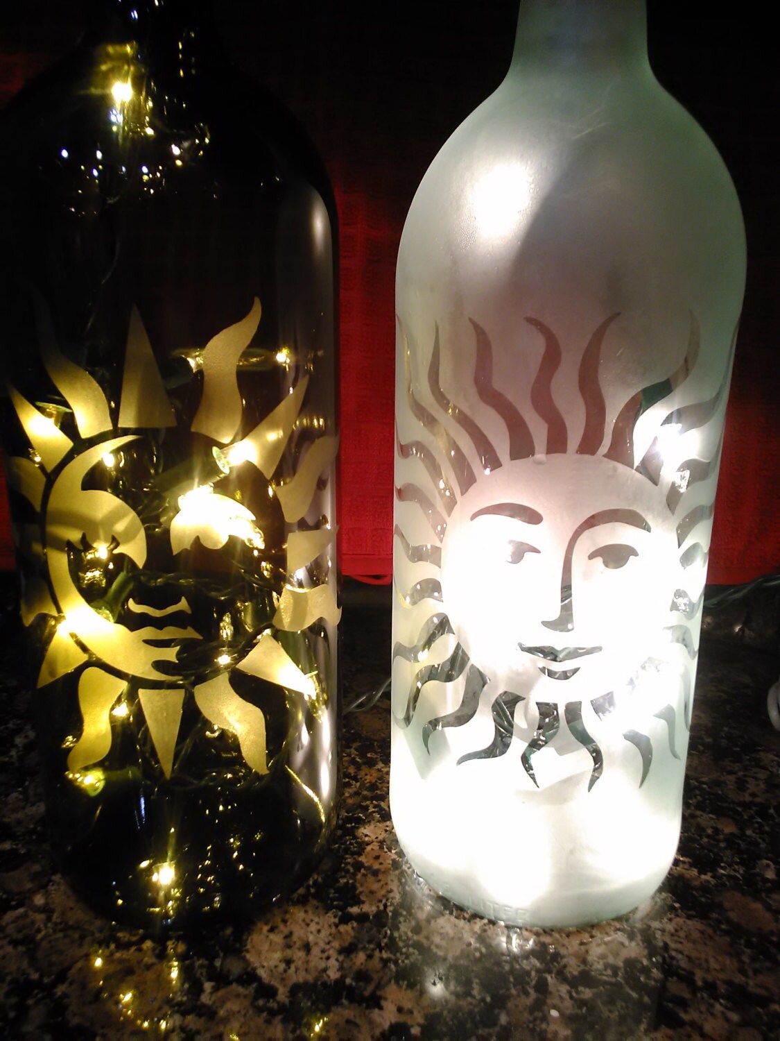 Lighted Etched Wine Bottles