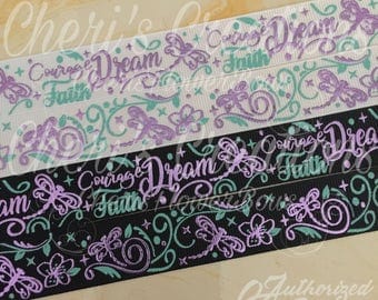 7/8" Dragonfly Dreams - Courage - Faith - Purple Foil - Glitter Ink - U.S.DESIGNER - High Quality Grosgrain Ribbon - By The Yard