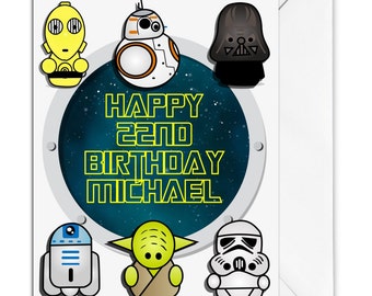 Personalised Glossy Birthday Card A5 with Envelope Inspired by Star Wars, Darth Vader, Luke, force Awakens, R2d2