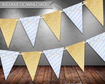 Twinkle Twinkle Little Star Banner, Bunting Banner, Triangle, Blue and Gold, Its a Boy, Baby Shower, Digital Instant Download #405