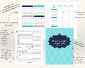 CC Foundations Homeschool Student Planner 2017-18 Editable Subjects Colors: Navy Teal
