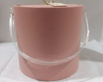 Vintage Pink Vinyl Ice Bucket with Lucite Swing Handle