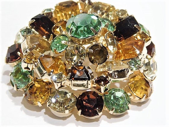 Mid Century Rhinestone Brooch 1960s Vintage Hollywood Layered Dimensional Tiered Brooch Amber Topaz Peridot Green Citrine Mothers Day Easter