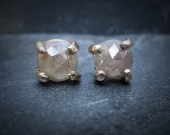 Raw Diamond Stud Earrings, Rose Cut Diamond Studs, 14k Gold Diamond Stud Earrings