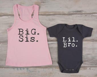 Big Sister Little Brother Set, Big Sis Pink Tank Top & Lil Bro Graphite Gray Baby Bodysuit Set, Big Sister Gift, Little Brother Outfit