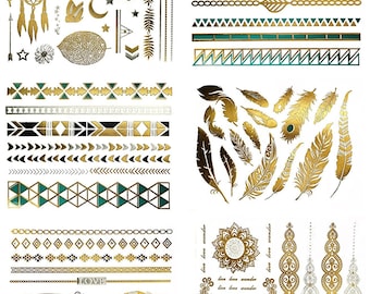 75+ Metallic Temporary Tattoos Gold Silver Black Turquoise, Small & Large Temporary Tattoos Feathers Owl Rings Links Leaves Moon Stars Love
