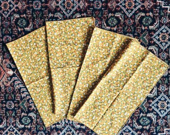 4 floral fabric placemats, retro cloth placemats, yellow with orange and white flowers, vintage cloth placemats
