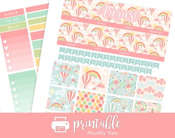 50% Off Printable Planner Stickers August Monthly View Kit! Hot Air Balloons and Floral Theme! w/ Cut Files! For use with Erin Condren!