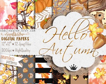 Autumn Fall Digital Paper: Watercolor Seamless Pattern, autumn background, leaf digital paper, fall background, squirrel, leaves, printable