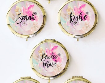 6 Personalized Floral Compacts- Bridesmaids Gifts - Bridal Party Gifts - Maid of Honor - Wedding Favors (Set of 6)