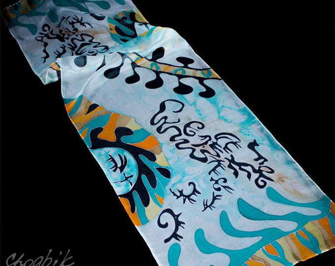 Hand Painted Silk Scarf - Batik - Armenian silk scarf - Cave Drawings - Black, Marine, Acua, Orange - Gift - After's work