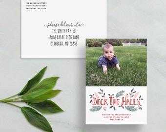 deck the halls holiday card // custom photo card // hand painted watercolor holly leaves christmas card // hand lettering // PRINTED card