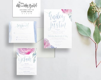 soft floral wedding invites // periwinkle blue pink watercolor invitations // calligraphy // brush lettering // printable // custom invites