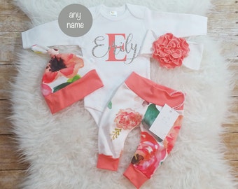 Baby Girl Coming Home Outfit Baby Girl Clothes Monogrammed Bodysuit Birthday Girl Outfit Photo Prop Personalized Baby Outfit