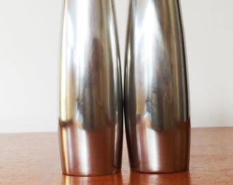 Pair of Dansk Stainless Steel Salt and Pepper Shaker Set, Mid Century Danish Vintage