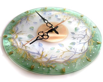 Hand painted glass wall clock, Forest Fairy Tale Wall Glass Clock, glass painting, round clock, painting on glass