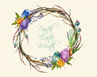 Easter Wreath watercolor clip art, pastel watercolor Easter wreath, Easter eggs clip art, Spring pastel wreath, Easter watercolor clip art