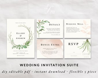 Floral wreath invitation, DIY wedding invitation templates, Green Watercolor design, Watercolor wreath, Calligraphy invites, Pink flowers