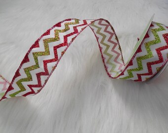 Clearance! 1.5 x 8 yrds - Green and Red Zig Zag ribbon, Christmas Ribbon, Green ribbon, Red ribbon, red and green chevron ribbon