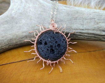 Solar Eclipse Pendant, Copper Wire Sun, Black Lava Bead, Wire Wrapped Jewelry, Eclipse 2017, Eclipse Necklace, Total Eclipse, Black Moon