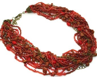 Coral necklace Multi strand necklace Natural coral jewelry handmade Vintage necklace Bohemian jewelry Boho jewelry gift ideas Gifts for her